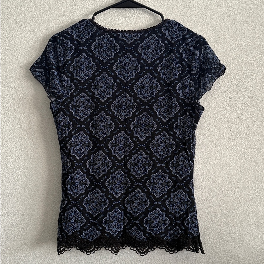 Y2K Sheer Mesh Lace Trim Top Blue Printed Fairy Grunge / Boho Blouse Medium - Picture 2 of 9